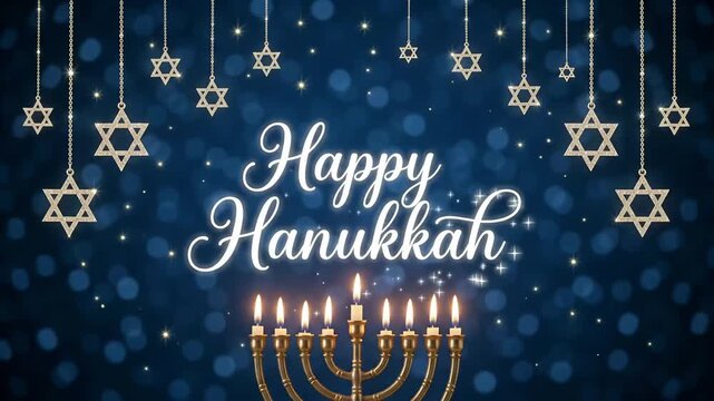 Happy Hanukkah Jewish festival of lights glowing Star of David menorah blue bokeh motion graphic background loop
