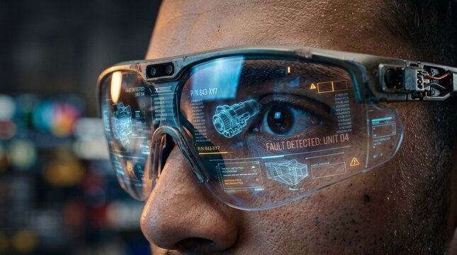 Close Up View of Man Wearing Augmented Reality Smart Glasses with Futuristic Digital Overlay HUD Display