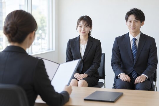 明るい面接室で並んで座り女性面接官へ穏やかに微笑むスーツ姿の男女の応募者