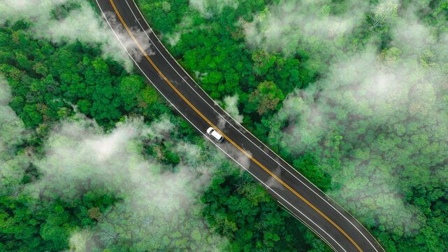 Aerial view of dark green forest road and white electric car Natural landscape and elevated roads Adventure travel and transportation and environmental protection concept