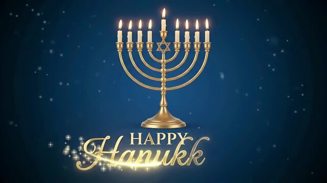 Happy Hanukkah golden menorah glowing candles Jewish festival of lights blue sparkle 3d motion background loop
