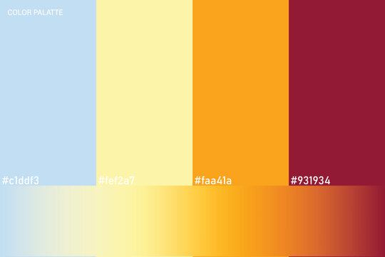 Color Palette Swatches in Light Sky Blue, Pale Yellow, Bright Orange and Deep Burgundy Red with Horizontal Gradient Bar and Hex Code Labels