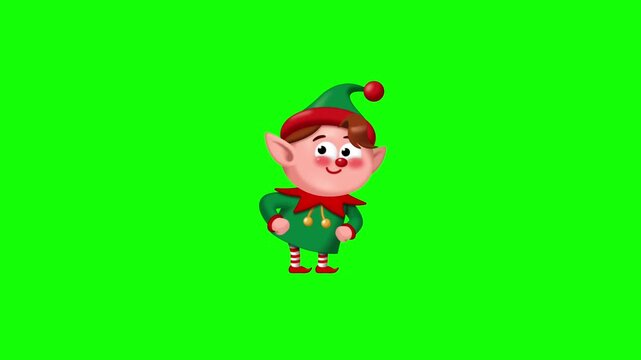 3D vector animation of a cute Christmas elf character standing and smiling on a green screen background