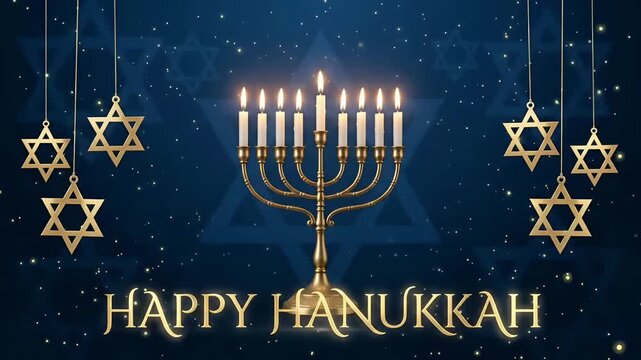 Happy Hanukkah Golden Menorah Star Of David Festival Of Lights Jewish Holiday Blue Background Motion Graphic Loop
