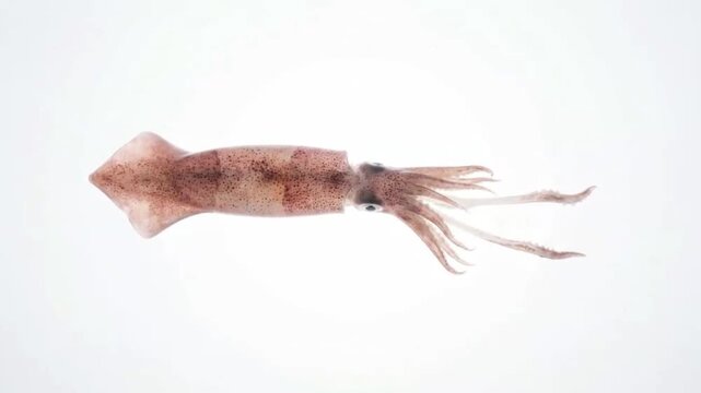 Transparent squid swimming slowly on white backdrop, seafood and marine life