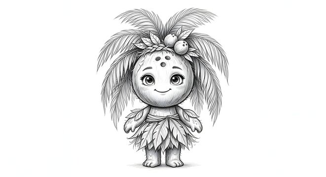Adorable fantasy character inspired by a coconut tree, featuring a cute smiling face, large expressive eyes, palm leaf hair, coconut fruit decorations, and a tropical leaf outfit. Detailed black and w