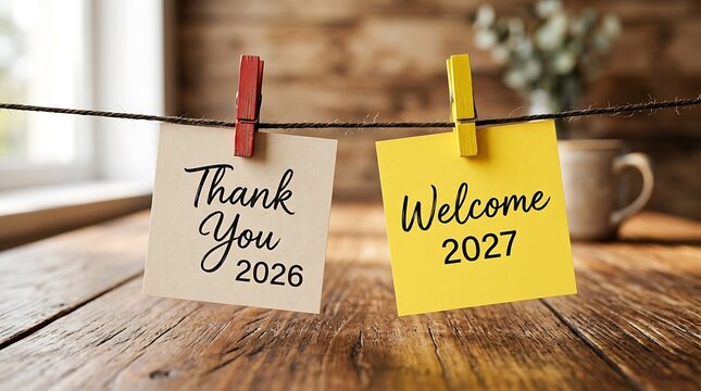 Thank You 2026 and Welcome 2027 sticky notes on a wooden desk with coffee