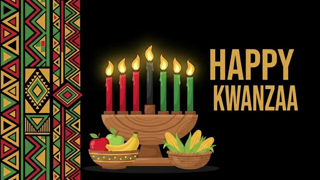 Happy Kwanzaa Kinara harvest African American cultural holiday celebration tribal pattern 2D animation motion graphic loop
