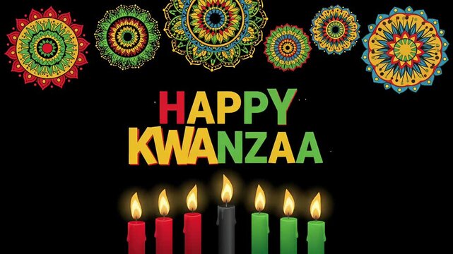 Happy Kwanzaa typography Kinara candles African American cultural holiday mandala 2D animation motion graphic loop
