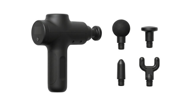 black percussion massage gun with attachments isolated on transparent background png