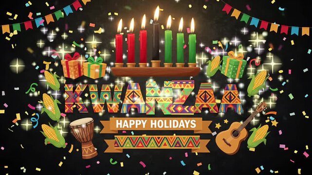 Kwanzaa Happy Holidays Kinara candles gifts drum corn African American cultural festival confetti 2D animation loop
