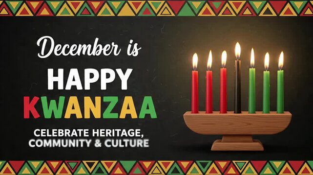 Happy Kwanzaa Celebrate Heritage Community Culture Kinara African American holiday tribal border 3D render loop
