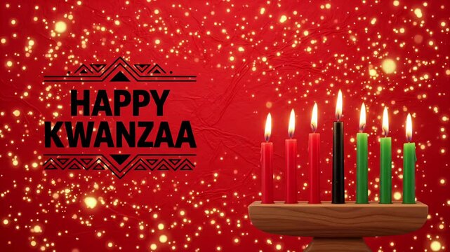 Happy Kwanzaa Kinara glowing candles African heritage holiday celebration red sparkle motion background loop

