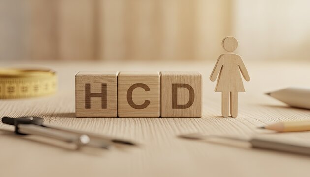 Human centered design hcd concept is displayed using wooden blocks with a silhouette icon of a person and engineering drafting tools nearby.