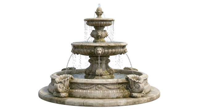 Old stone water fountain with tiered levels and flowing water for garden decoration isolated on transparent background