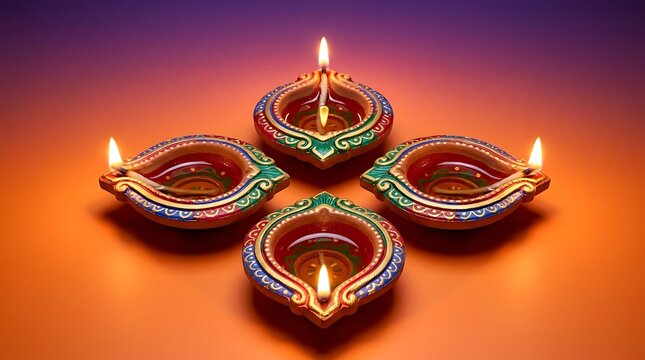 Four glowing clay diya lamps arranged symmetrically on a vibrant orange background for the traditional Hindu festival of Diwali celebration