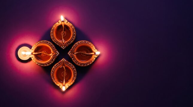 Four glowing clay diya lamps arranged in diamond pattern on dark purple background for Diwali celebration top view