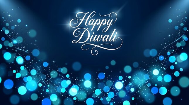 Happy Diwali cursive text glowing bokeh lights dark blue background celebration