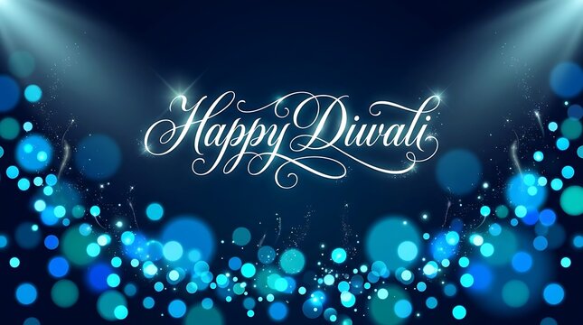 Happy Diwali cursive text celebration sparkles blue lights festive background