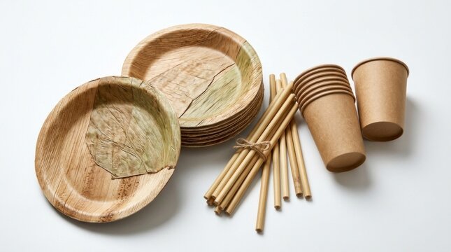 Compostable palm leaf plates and wooden utensils on white background, plastic free disposable