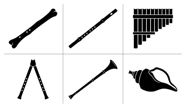 Musical instrument silhouettes set with flute, panpipe, conch shell and recorder for logo or print