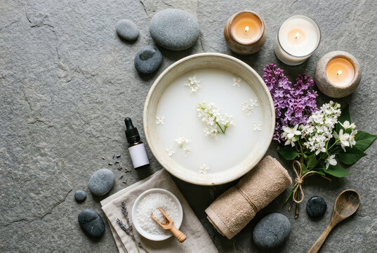 Spa arrangement with lilac flowers candles and massage stones