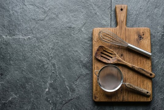 Kitchen utensils on a wooden cutting board over dark stone surface
