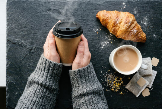 Person in a sweater holding hot coffee with a croissant and tea