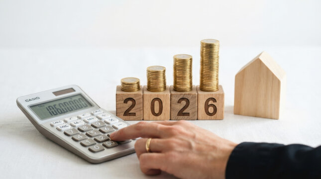 Hand pressing calculator buttons next to wooden blocks displaying year twenty twenty six with rising stacked coin towers and house.