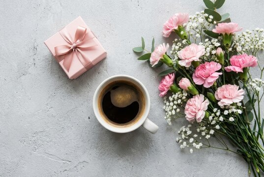 Pink carnations and a gift box next to a cup of black coffee