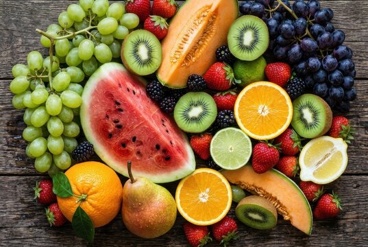 Colorful assortment of fresh summer fruits on a rustic wood surface