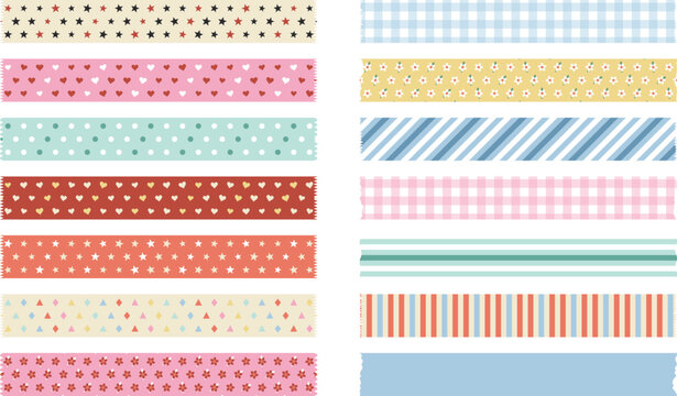 colorful decorative washi tape strips collection with pastel patterns and playful motifs