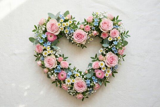 Floral heart wreath with pink roses and daisies on white fabric
