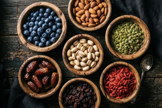 Healthy snacks including nuts and berries in rustic wooden bowls