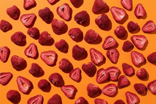 Pattern of freeze dried strawberries over a bright orange surface