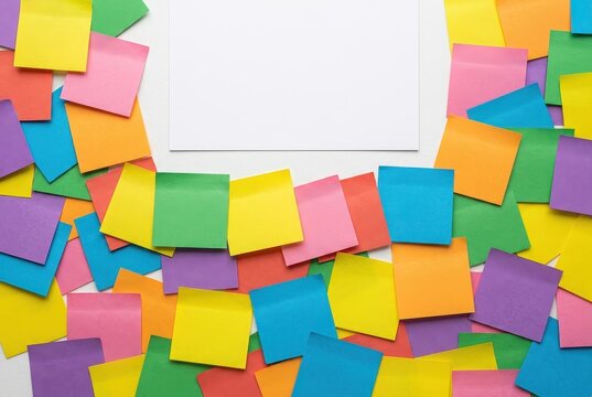 Multi colored sticky notes framing a blank white surface