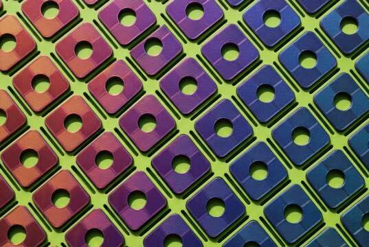 Diagonal grid of 3d printed tiles in a vibrant color gradient