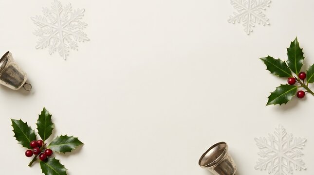 Holly berries holly leaves silver bells snowflakes christmas decor flat lay