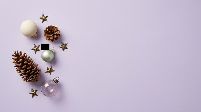 Holiday decor stars pinecones baubles on light pastel background