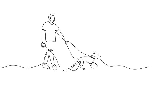 Minimalist Continuous Line Drawing of a Man Walking Dog