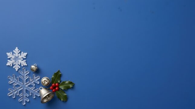 Holiday snowflake holly bells greenery on blue background