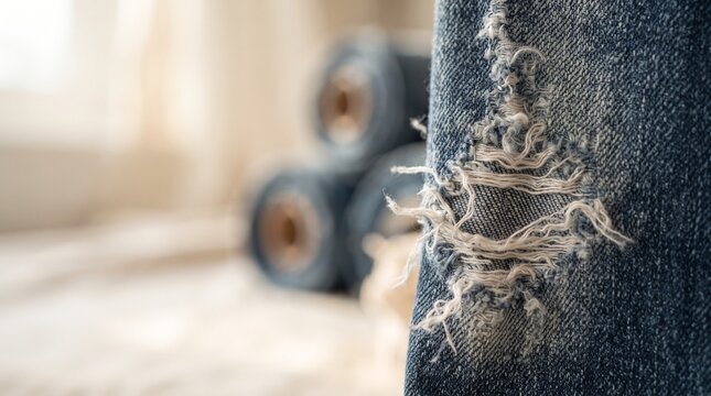 Denim weave frayed threads macro for fashion design blogs and textile industry presentations