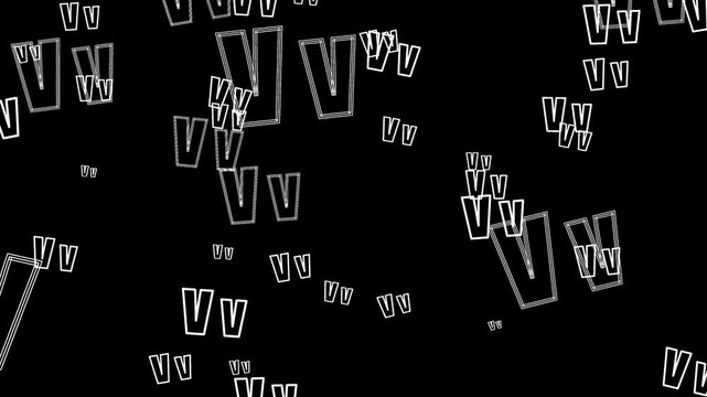 White letter v outline symbols floating downward on a transparent background