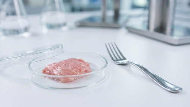Cultured meat sample in petri dish with fork on lab table for science.