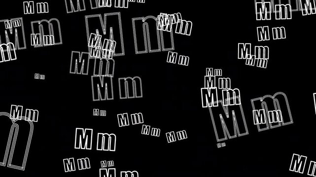 White outline letter m typography flying overlay on transparent background
