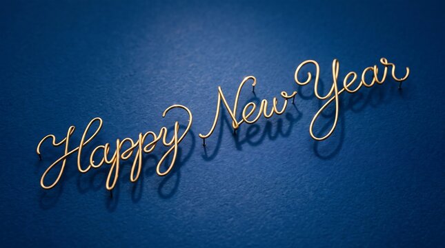 Happy New Year cursive text golden metallic foil design on dark blue background