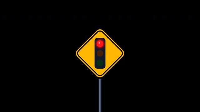 Yellow traffic light warning road sign changing lights on transparent background