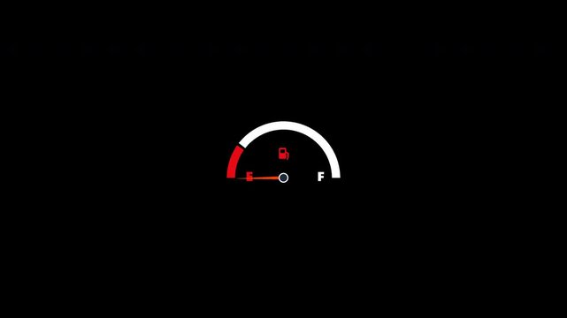 Animated fuel gauge indicator needle moving from full to empty with alpha channel