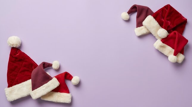 Three Santa hats with white pompoms on lavender background