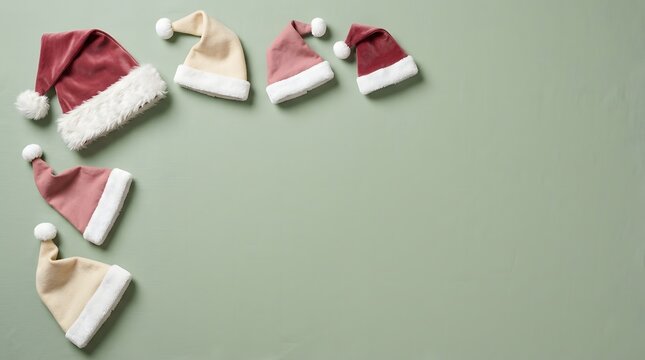 Santa hats with pompoms arranged on green background holiday
